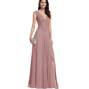 Chiffon Bridesmaid Dress with V Neck Lace Appliqués and Slit